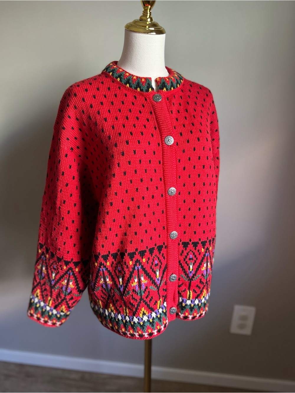 Pure new wool Dale of Norway Red Fair Isle Knit Cardigan
